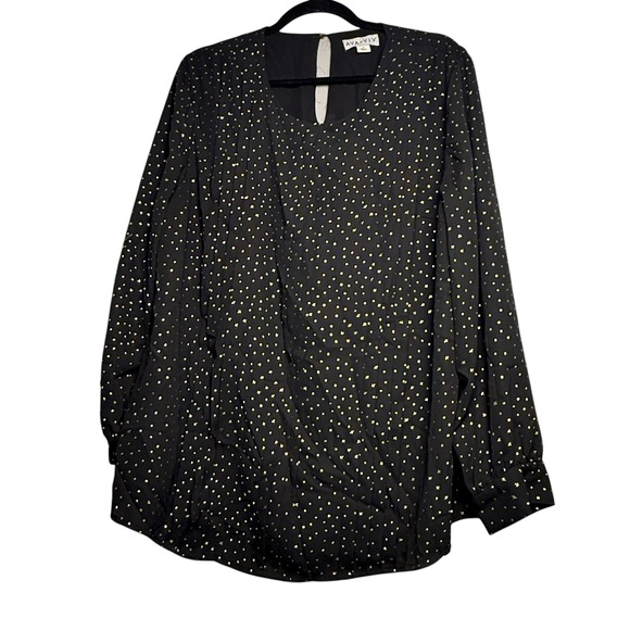 Ava & Viv Tops - Ava & Viv Womens 1X Black Gold Foil Polka Dot Long Sleeve Blouse Keyhole Back